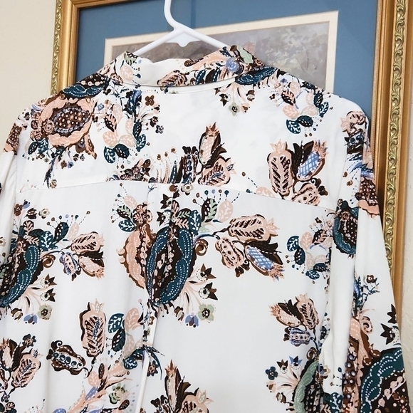 Silky Soft Botanical Lace-Up Tunic Top Floral Lagenlook Coastal Career Medium - Picture 13 of 14